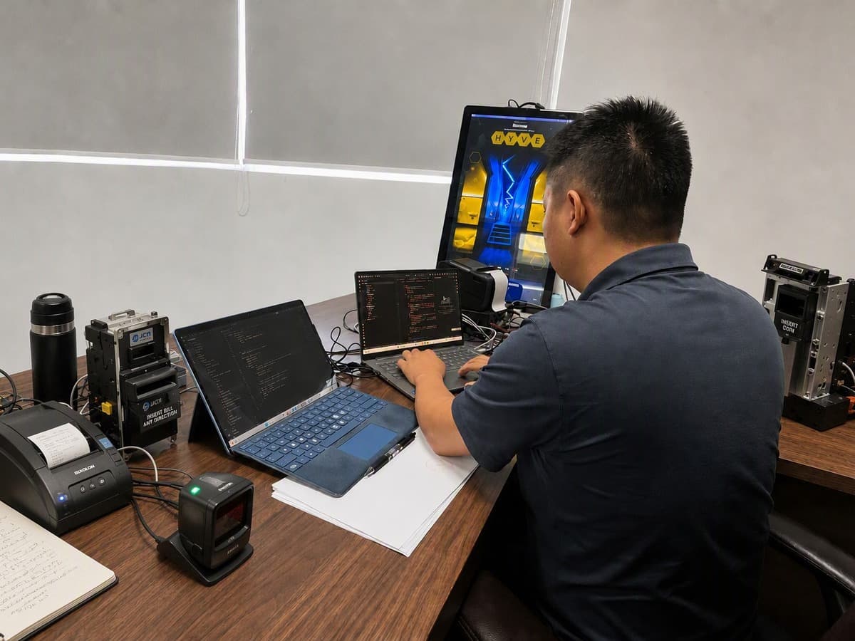 CRTLY software engineer testing kiosk software with connected peripherals