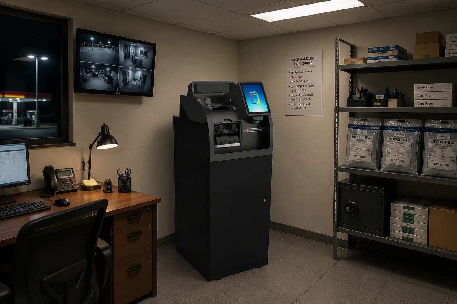 Bulk deposit cash management kiosk for employee daily sales deposits