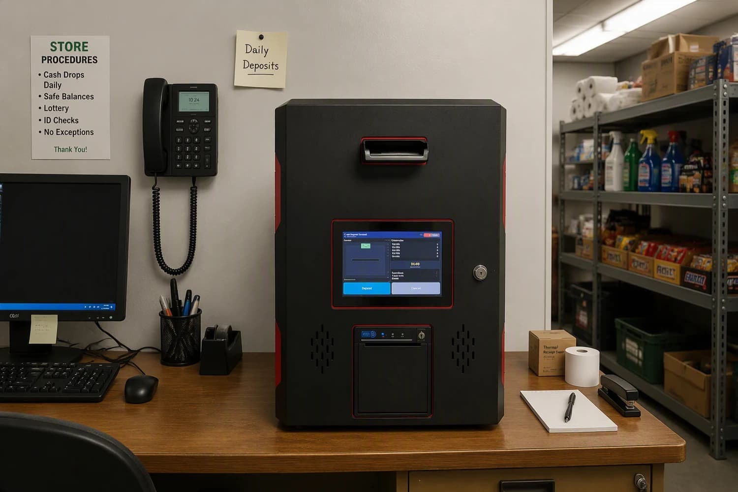 Compact single-note deposit kiosk for low-volume business cash management
