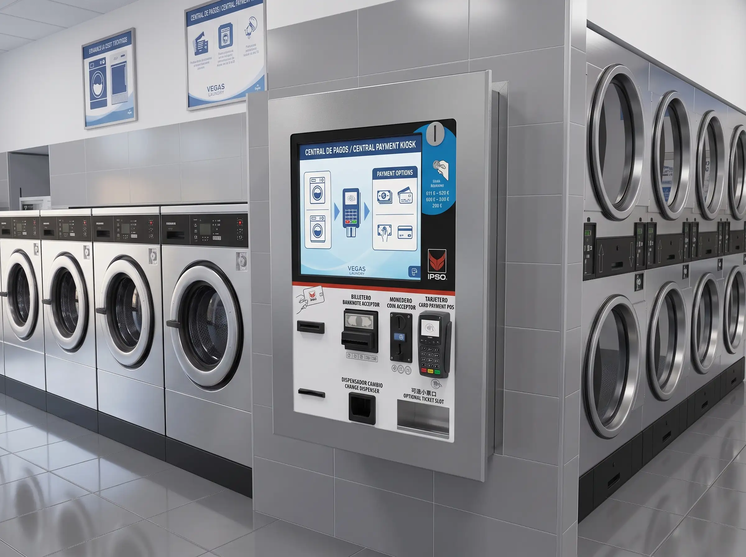 Wall-mounted self-service laundry payment kiosk with banknote, coin and POS modules