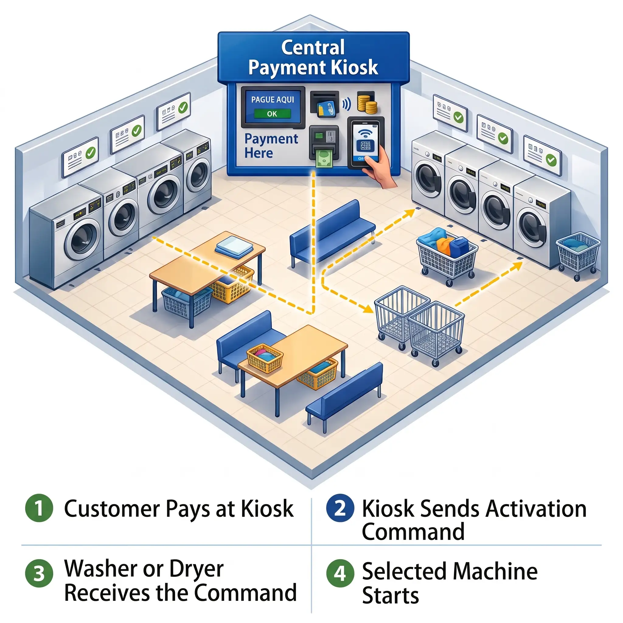 Centralized laundry payment kiosk workflow for washer and dryer activation
