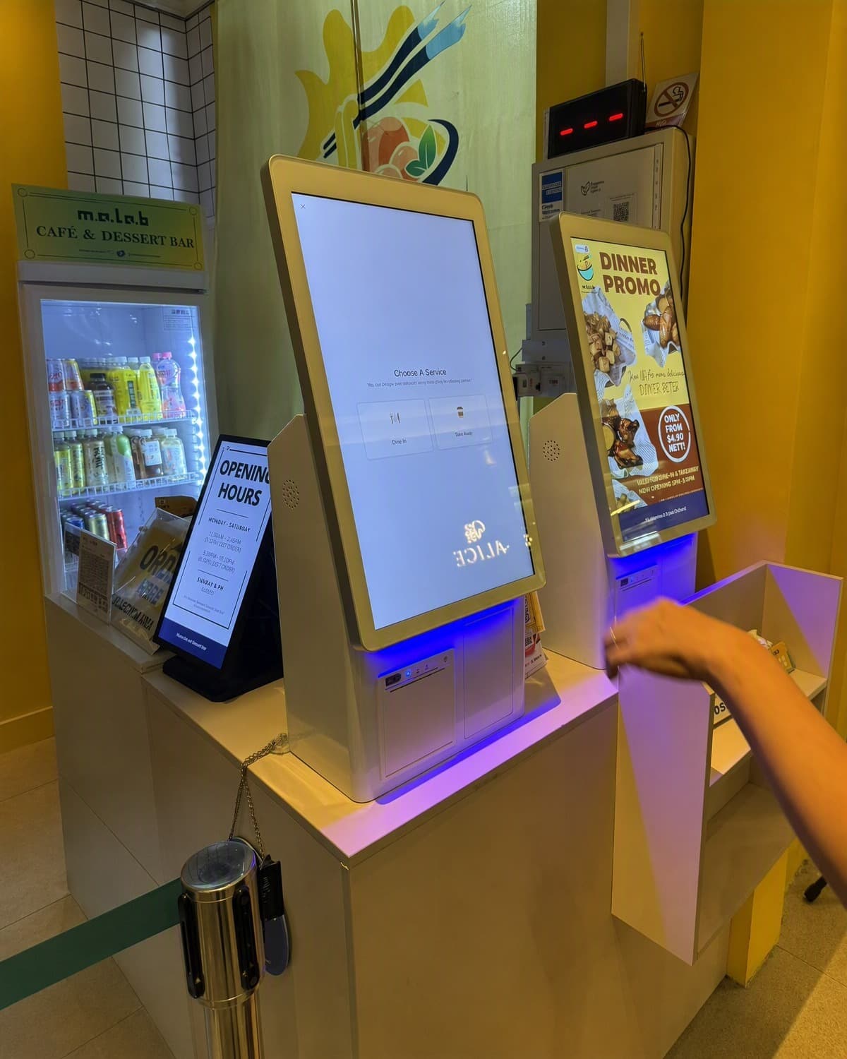 Countertop self-ordering kiosks deployed in a food court in Singapore