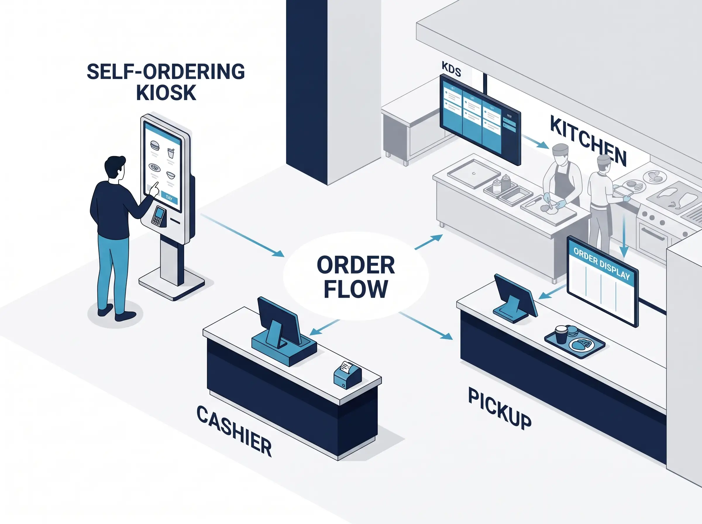 Restaurant self-ordering kiosk workflow from customer ordering to kitchen preparation and pickup
