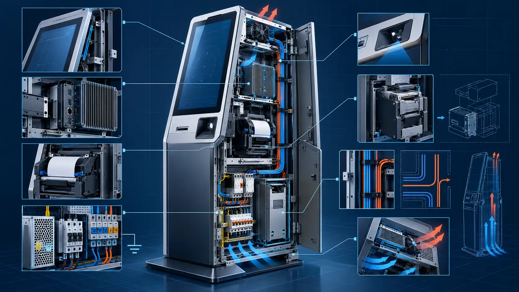Industrial kiosk hardware architecture illustration showing internal zones, industrial PC, power distribution, cable routing and serviceable module layout