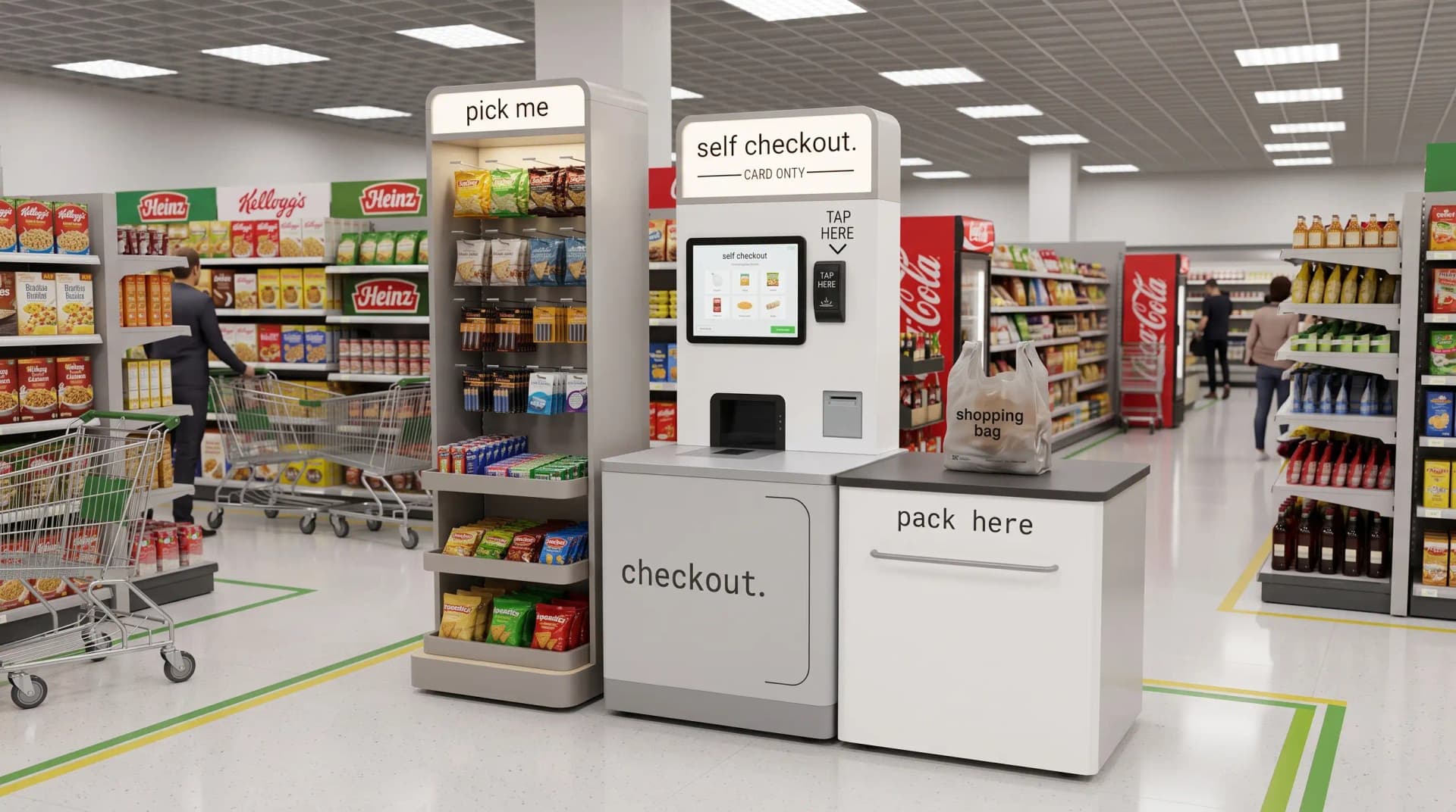 Supermarket self-checkout kiosk hardware with product platform, bagging area and POS terminal