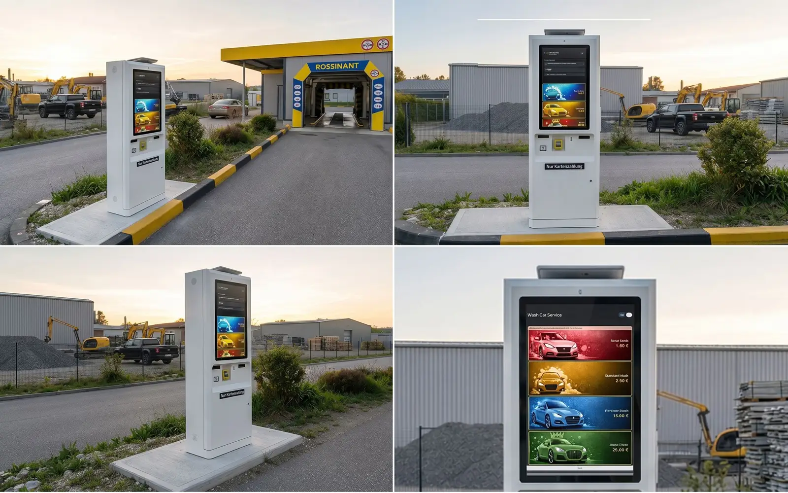 Customer using a self-service car wash payment kiosk outdoors