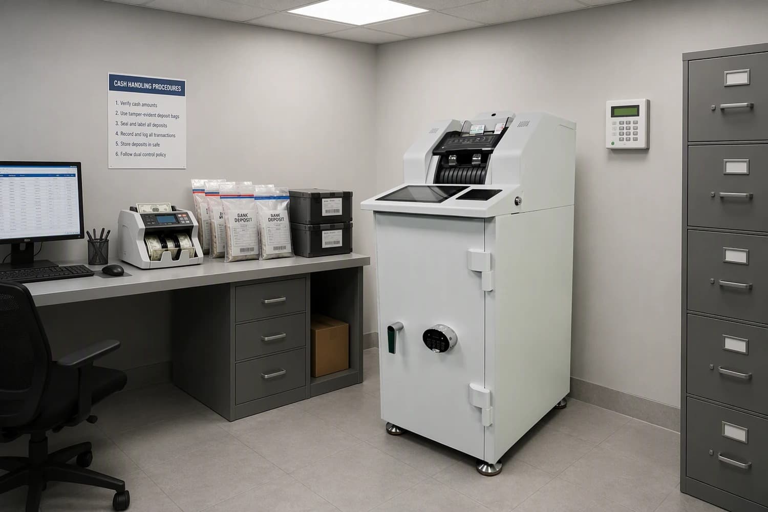 High-volume dual bulk cash management kiosk for concentrated cash deposits