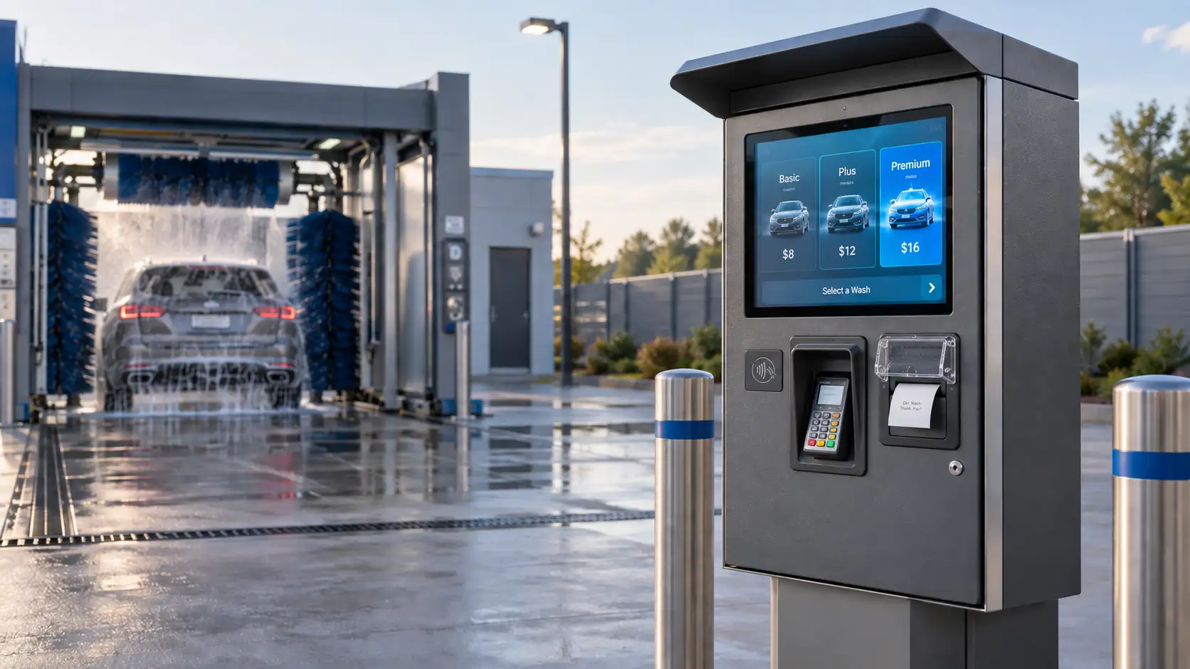 Outdoor car wash payment kiosk at an unattended car wash site