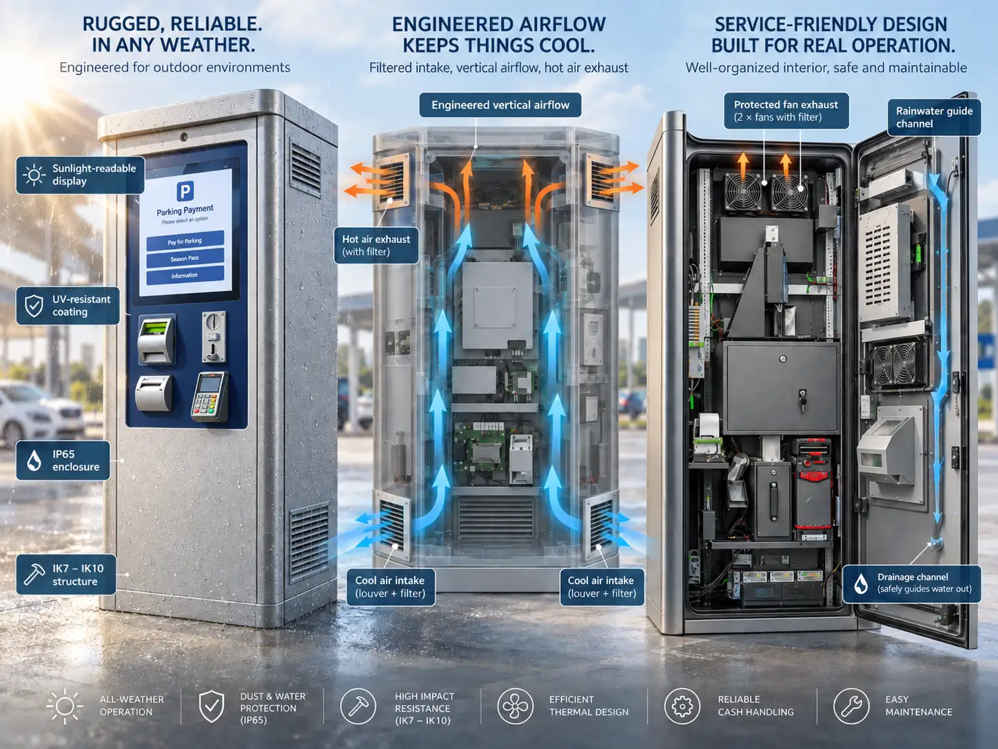 Weatherproof outdoor payment kiosk with engineered airflow and drainage