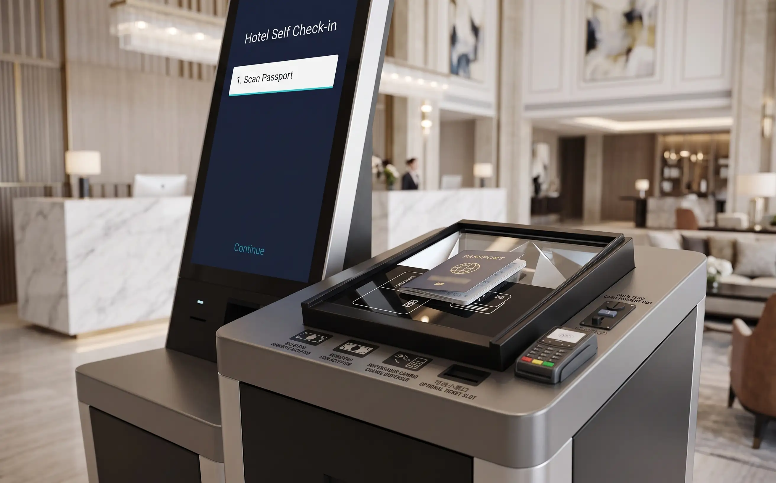 Passport OCR reader integrated with a hotel self-service check-in kiosk