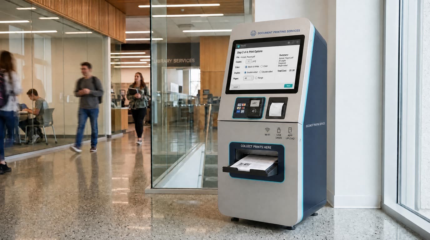 Self-service document printing kiosk in a public space with file upload, payment and A4 printing