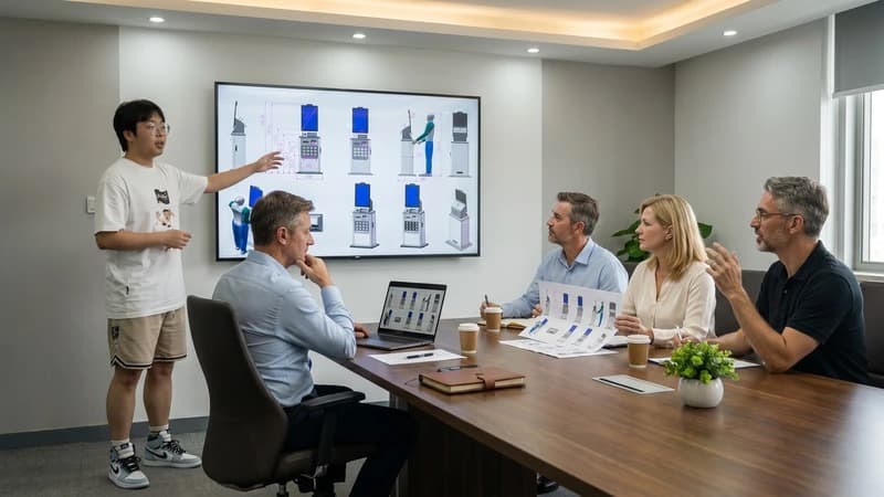 Engineers reviewing kiosk design with customer