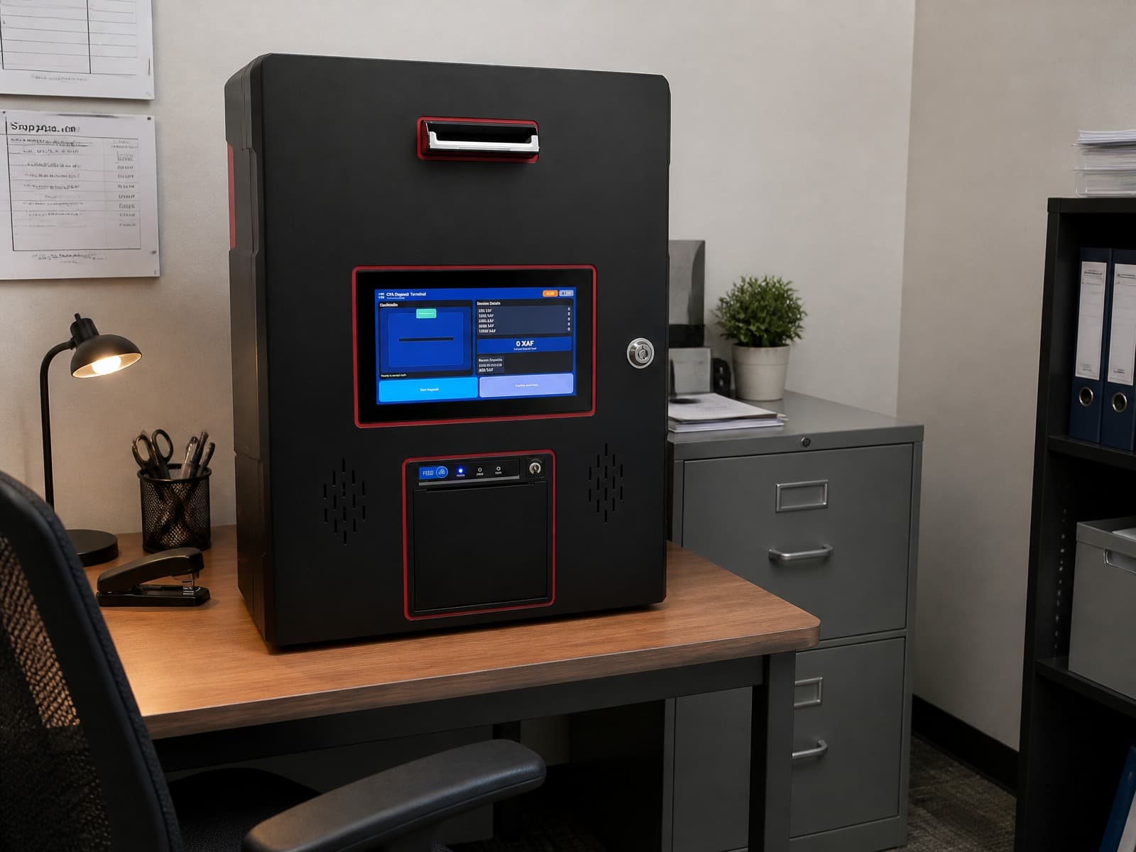 Back-office cash deposit terminal on a desk in an office