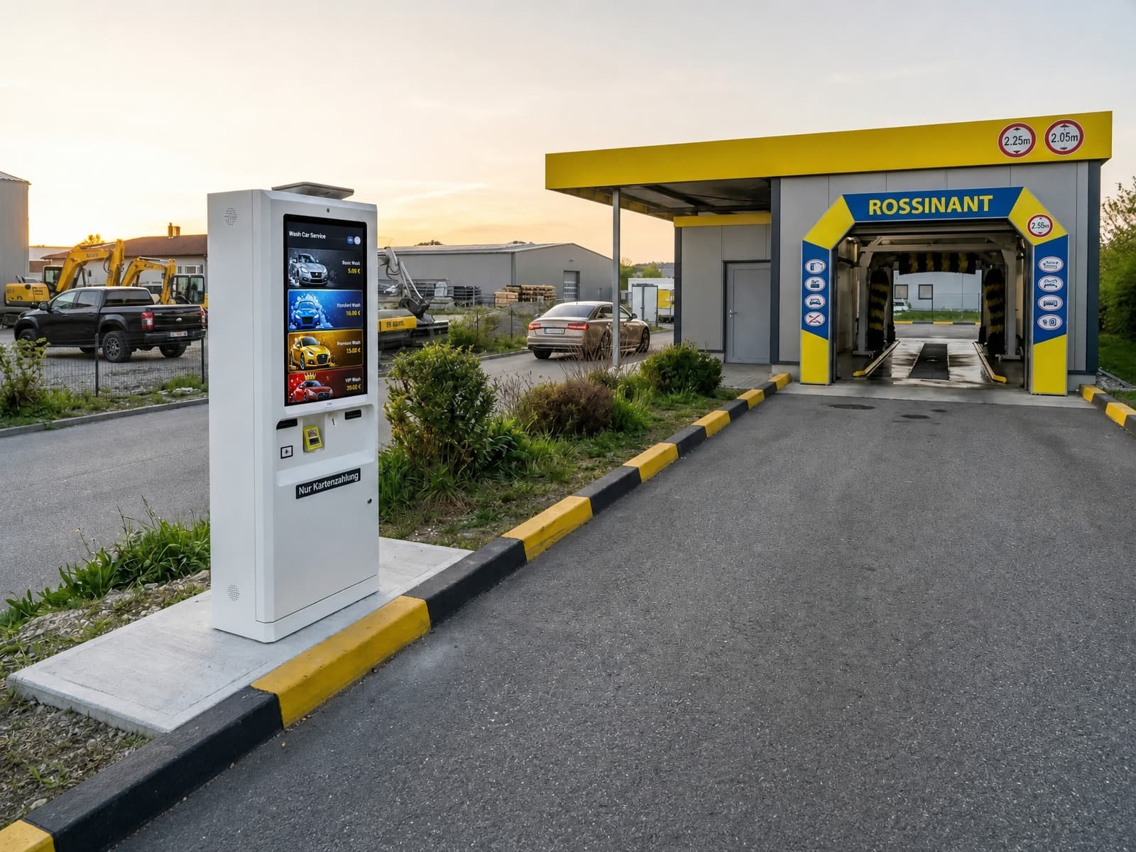 Self-service car wash payment kiosk beside an automatic car wash