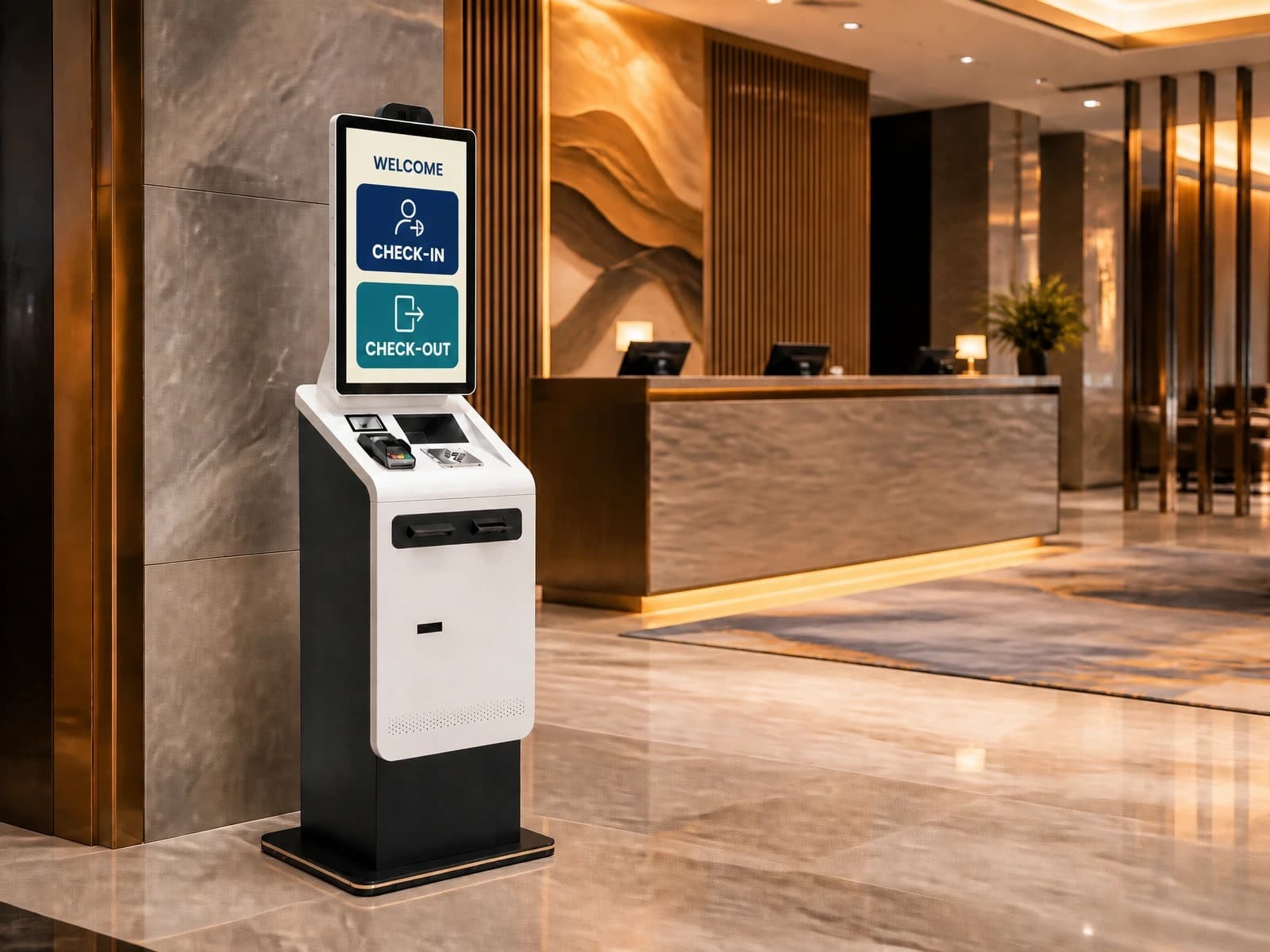 Hotel self check-in and check-out kiosk deployed in a modern hotel lobby