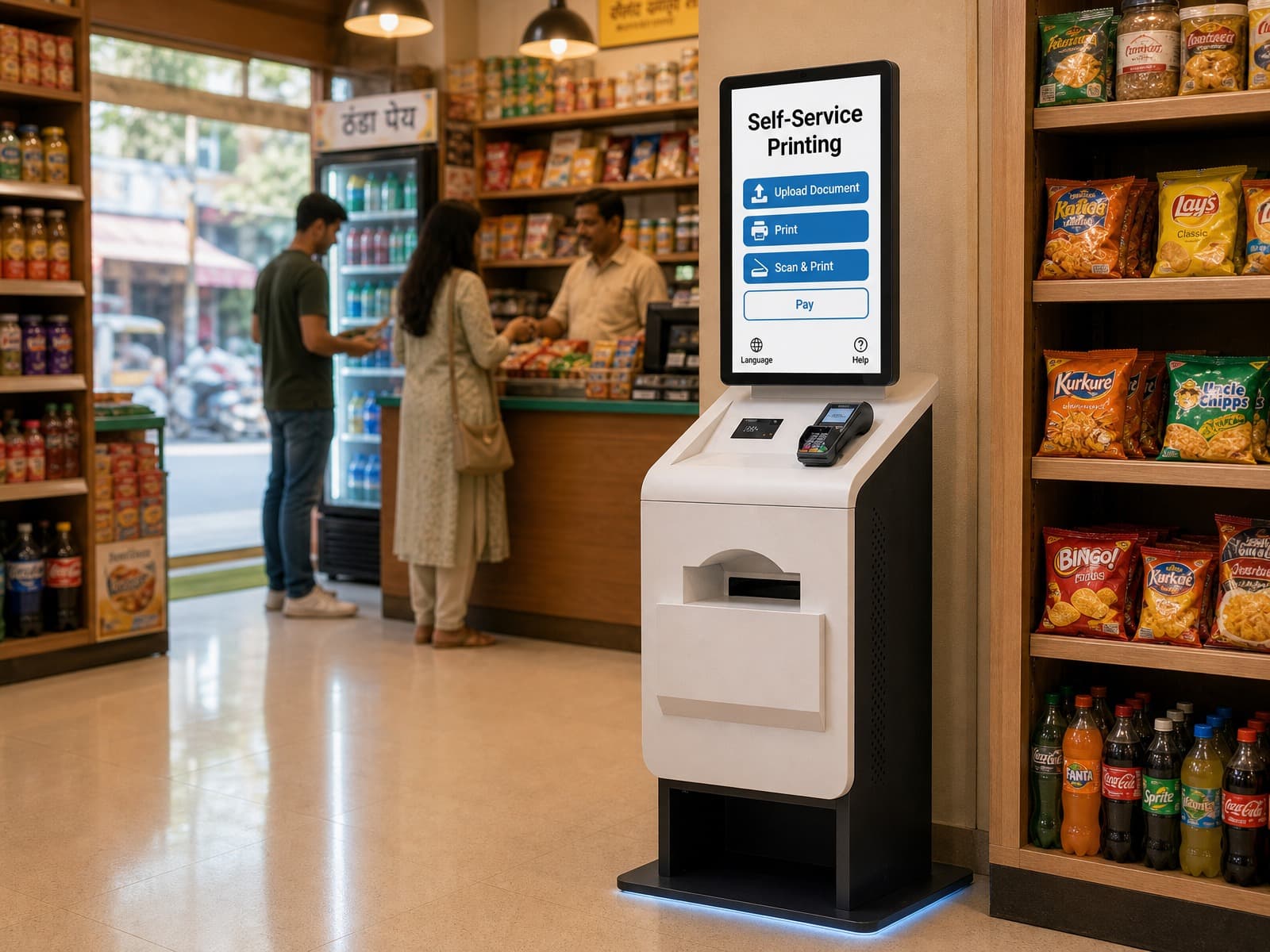 Self-service printing kiosk with document upload, printing and payment options
