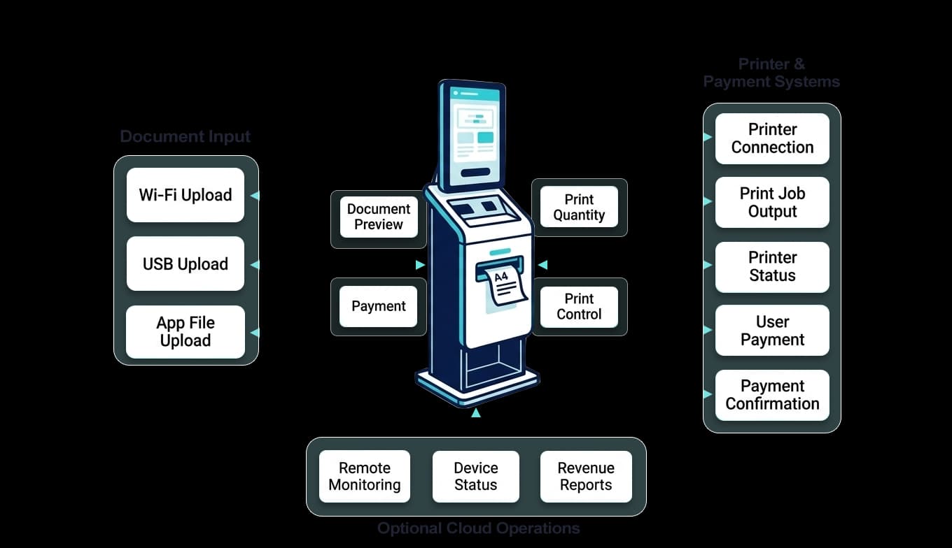 Self-service printing system architecture connecting document intake, kiosk, printer, payment and operations