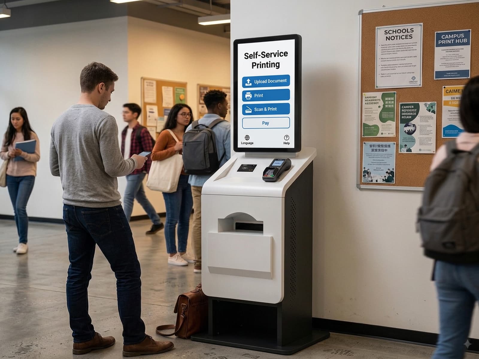 Students near a self-service printing kiosk at a campus print hub