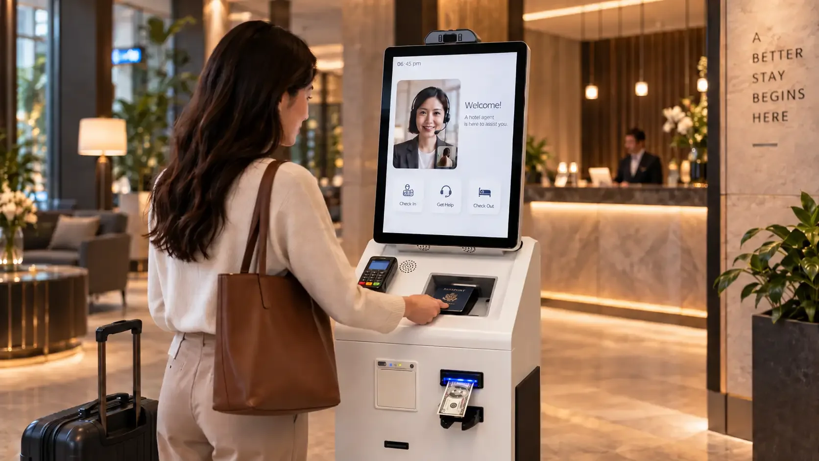 Hotel guest scanning a passport at a self check-in kiosk with live video assistance from a remote agent